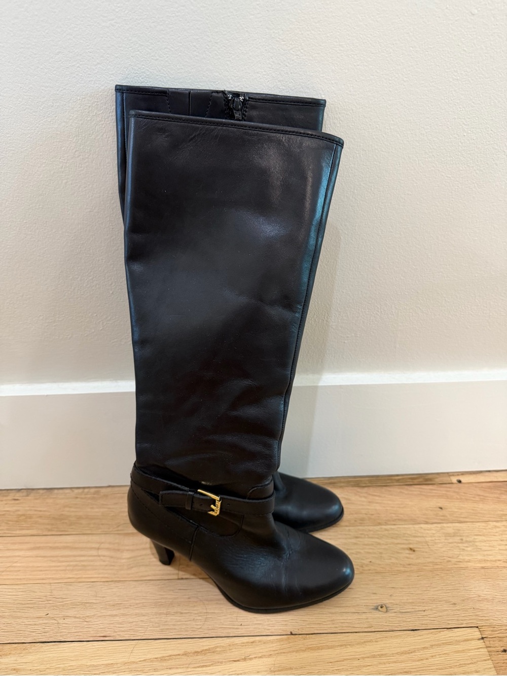 Ralph Lauren Classic Black Leather Knee-High Heeled Boots